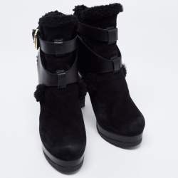 Pre Owned Fendi Black Suede, Leather and Fur Platform Ankle Booties Size 35