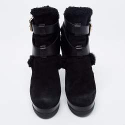 Pre Owned Fendi Black Suede, Leather and Fur Platform Ankle Booties Size 35