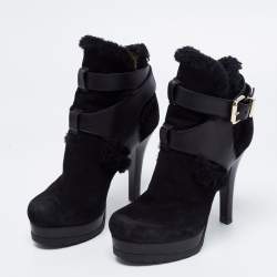 Pre Owned Fendi Black Suede, Leather and Fur Platform Ankle Booties Size 35