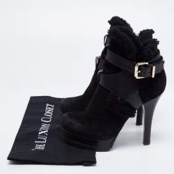 Pre Owned Fendi Black Suede, Leather and Fur Platform Ankle Booties Size 35