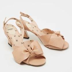 Pre Owned Fendi Beige Leather FF Karligraphy Bow Slingback Sandals Size 38