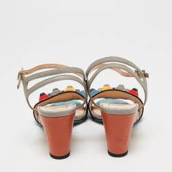 Pre Owned Fendi Multicolor Lizard Embossed and Leather Fantasia Studded Ankle-Strap Sandals Size 37
