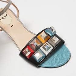 Pre Owned Fendi Multicolor Lizard Embossed and Leather Fantasia Studded Ankle-Strap Sandals Size 37