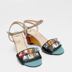 Pre Owned Fendi Multicolor Lizard Embossed and Leather Fantasia Studded Ankle-Strap Sandals Size 37