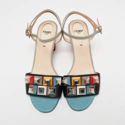 Pre Owned Fendi Multicolor Lizard Embossed and Leather Fantasia Studded Ankle-Strap Sandals Size 37