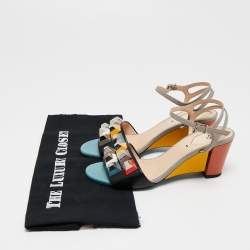 Pre Owned Fendi Multicolor Lizard Embossed and Leather Fantasia Studded Ankle-Strap Sandals Size 37