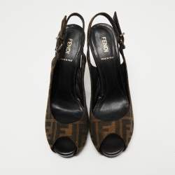 Pre Owned Fendi Two-Tone Zucca Canvas Peep Toe Slingback Sandals Size 39