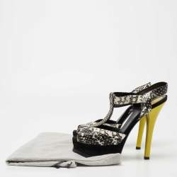 Fendi Black/White Python Embossed Leather T-Strap Platform Sandals Size 38