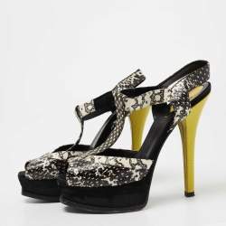Fendi Black/White Python Embossed Leather T-Strap Platform Sandals Size 38