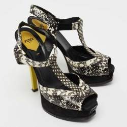 Fendi Black/White Python Embossed Leather T-Strap Platform Sandals Size 38