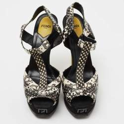 Fendi Black/White Python Embossed Leather T-Strap Platform Sandals Size 38
