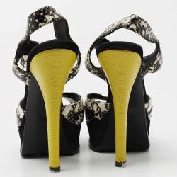 Fendi Black/White Python Embossed Leather T-Strap Platform Sandals Size 38