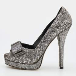 Pre Owned Fendi Silver/Grey Brocade Fabric And Leather Bow Open Toe Platform Pumps Size 38