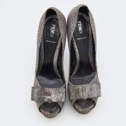Pre Owned Fendi Silver/Grey Brocade Fabric And Leather Bow Open Toe Platform Pumps Size 38