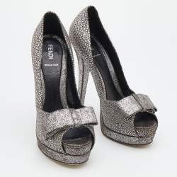 Pre Owned Fendi Silver/Grey Brocade Fabric And Leather Bow Open Toe Platform Pumps Size 38