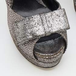 Pre Owned Fendi Silver/Grey Brocade Fabric And Leather Bow Open Toe Platform Pumps Size 38