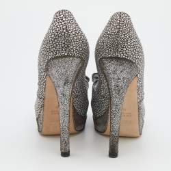 Pre Owned Fendi Silver/Grey Brocade Fabric And Leather Bow Open Toe Platform Pumps Size 38