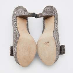 Pre Owned Fendi Silver/Grey Brocade Fabric And Leather Bow Open Toe Platform Pumps Size 38