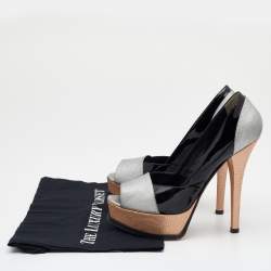 Pre Owned Fendi Silver/Black Lizard Embossed And Patent Leather Fendista Open Toe Platform Pumps Size 39