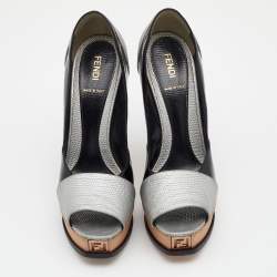Pre Owned Fendi Silver/Black Lizard Embossed And Patent Leather Fendista Open Toe Platform Pumps Size 39