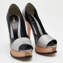 Pre Owned Fendi Silver/Black Lizard Embossed And Patent Leather Fendista Open Toe Platform Pumps Size 39