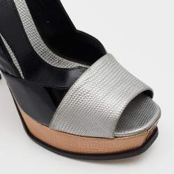 Pre Owned Fendi Silver/Black Lizard Embossed And Patent Leather Fendista Open Toe Platform Pumps Size 39