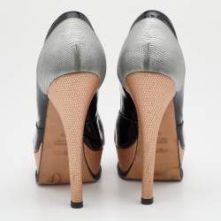 Pre Owned Fendi Silver/Black Lizard Embossed And Patent Leather Fendista Open Toe Platform Pumps Size 39