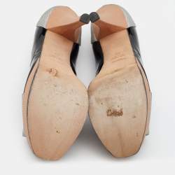 Pre Owned Fendi Silver/Black Lizard Embossed And Patent Leather Fendista Open Toe Platform Pumps Size 39