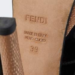 Pre Owned Fendi Silver/Black Lizard Embossed And Patent Leather Fendista Open Toe Platform Pumps Size 39