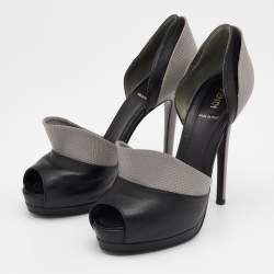 Pre Owned Fendi Black/Grey Lizard Embossed Leather Anemone Peep-Toe Pumps Size 38