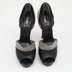 Pre Owned Fendi Black/Grey Lizard Embossed Leather Anemone Peep-Toe Pumps Size 38