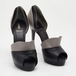 Pre Owned Fendi Black/Grey Lizard Embossed Leather Anemone Peep-Toe Pumps Size 38