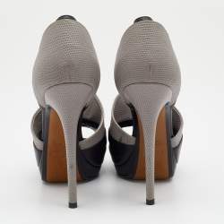 Pre Owned Fendi Black/Grey Lizard Embossed Leather Anemone Peep-Toe Pumps Size 38