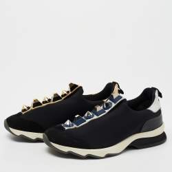 Pre Owned Fendi Black Neoprene, Suede and Leather Studded Slip On Sneakers Size 37