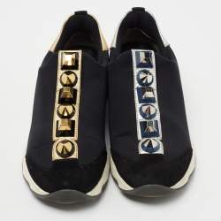 Pre Owned Fendi Black Neoprene, Suede and Leather Studded Slip On Sneakers Size 37