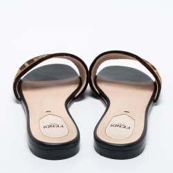 Pre Owned Fendi Tobacco Zucca Velvet Flat Slide Sandals Size 38