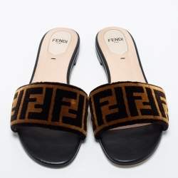 Pre Owned Fendi Tobacco Zucca Velvet Flat Slide Sandals Size 38