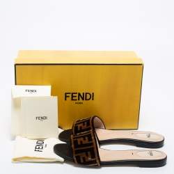 Pre Owned Fendi Tobacco Zucca Velvet Flat Slide Sandals Size 38