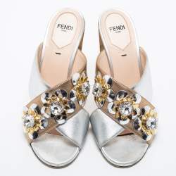 Pre Owned Fendi Silver/Gold Leather Cross Strap Flowerland Slide Sandals Size 36