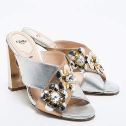 Pre Owned Fendi Silver/Gold Leather Cross Strap Flowerland Slide Sandals Size 36