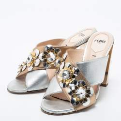 Pre Owned Fendi Silver/Gold Leather Cross Strap Flowerland Slide Sandals Size 36