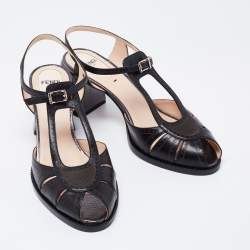 Pre Owned Fendi Black Leather Chameleon Ankle Strap Sandals Size 37.5