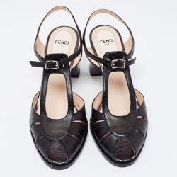 Pre Owned Fendi Black Leather Chameleon Ankle Strap Sandals Size 37.5