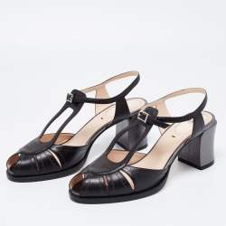 Pre Owned Fendi Black Leather Chameleon Ankle Strap Sandals Size 37.5