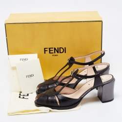 Pre Owned Fendi Black Leather Chameleon Ankle Strap Sandals Size 37.5