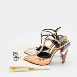 Pre Owned Fendi Metallic Tri-Color Leather Pointed Toe Ankle Strap Pumps Size 36