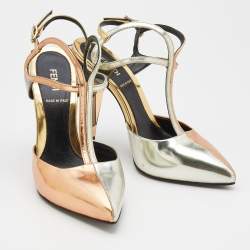 Pre Owned Fendi Metallic Tri-Color Leather Pointed Toe Ankle Strap Pumps Size 36