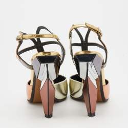 Pre Owned Fendi Metallic Tri-Color Leather Pointed Toe Ankle Strap Pumps Size 36