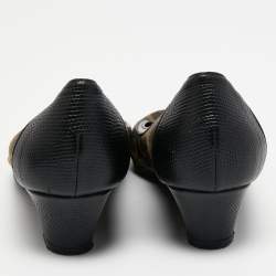 Pre Owned Fendi Tobacco Zucca Canvas Bow Round Toe Wedge Pumps Size 35.5