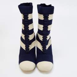 Fendi Navy Blue/Cream Striped Knit Fabric Boots Size 38.5
